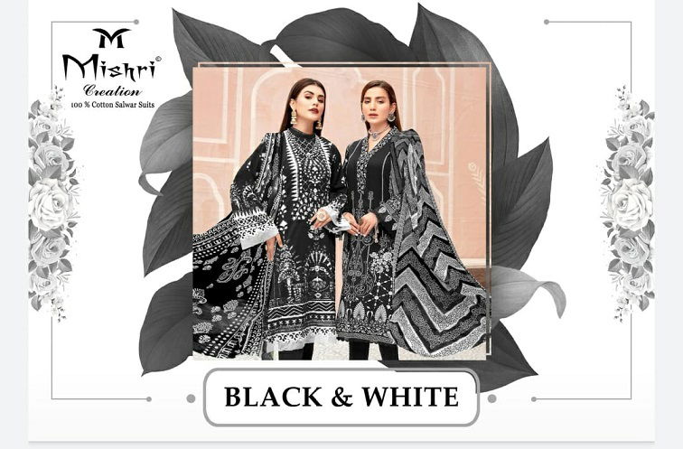 Mishri Black White Lalest Fancy Designer Black And White Heavy Cotton Print Karachi Dress Material